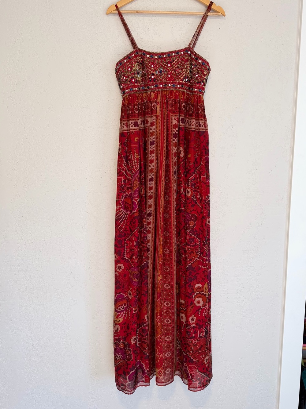 Reem Acra Silk Beaded Maxi Dress – Red Boho Embroidered Gown Size 8